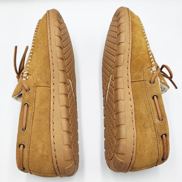 Eddie Bauer Tan Light Brown Suede Shearling-Lined Moccasin Slippers Men's Size 8 - Picture 4 of 11